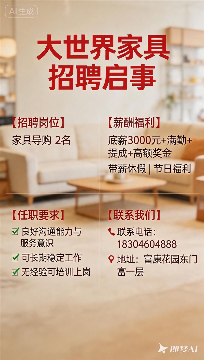 勃利县大世界家具招聘