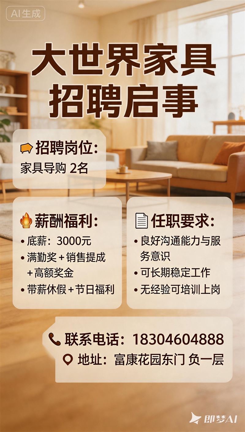 勃利县大世界家具招聘